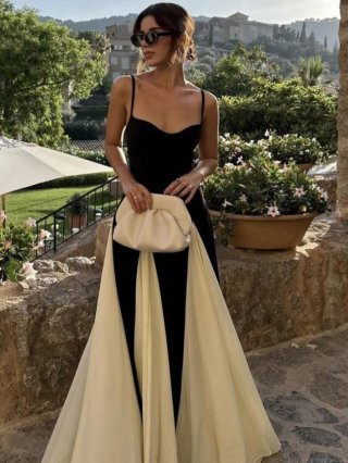 Women's Elegant Patchwork Cami Maxi Dress Black and Cream Contrast Color Pleated Long Evening Party Dress Sleeveless Streetwear Style Polyester Dress For Lady