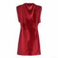 Women's Fashion Velvet Sleeveless Mini Dress With Shoulder Pads Stand Collar Slim Fit Wine Red Sexy Party Evening Cocktail Short Dress