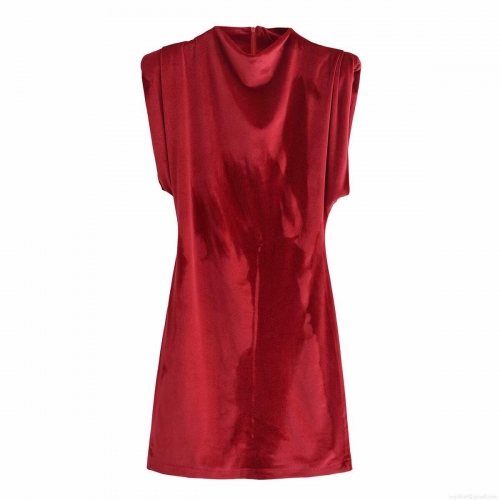 Women's Fashion Velvet Sleeveless Mini Dress With Shoulder Pads Stand Collar Slim Fit Wine Red Sexy Party Evening Cocktail Short Dress