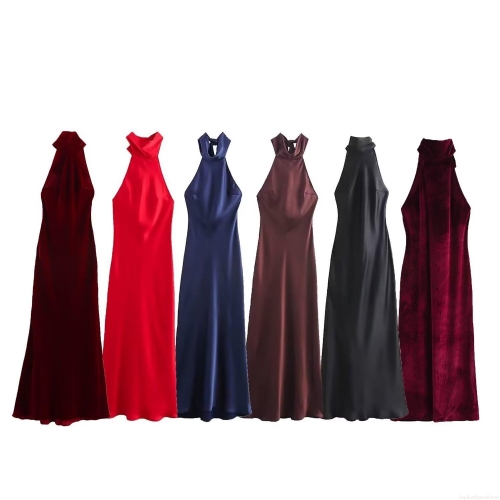 Elegant Halter Maxi Dress Satin Velvet Backless Evening Gown With Big Bow Patchwork A-Line Sleeveless Party Wedding Guest Dress For Women Streetwear