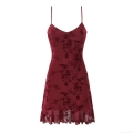 Women Sexy Wine Red Floral Print Flocking Cami Dress Mesh Bodycon Mini Dress With Rose Decor Ruffle Hem For Party Club Night Out Summer Streetwear