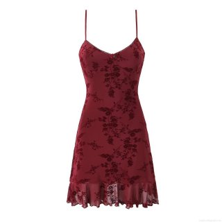 Women Sexy Wine Red Floral Print Flocking Cami Dress Mesh Bodycon Mini Dress With Rose Decor Ruffle Hem For Party Club Night Out Summer Streetwear