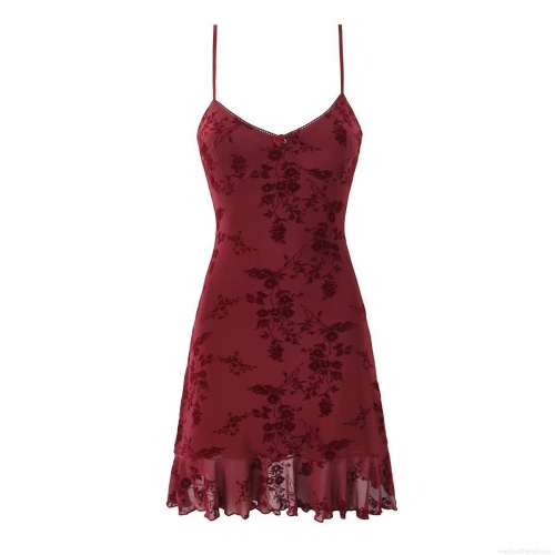 Women Sexy Wine Red Floral Print Flocking Cami Dress Mesh Bodycon Mini Dress With Rose Decor Ruffle Hem For Party Club Night Out Summer Streetwear