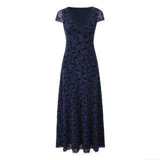 Women's Vintage V-Neck Floral Mesh Flocking A-Line Dress Navy Blue Short Sleeve Midi Long Dress Streetwear Elegant Slim Fit Party Dress