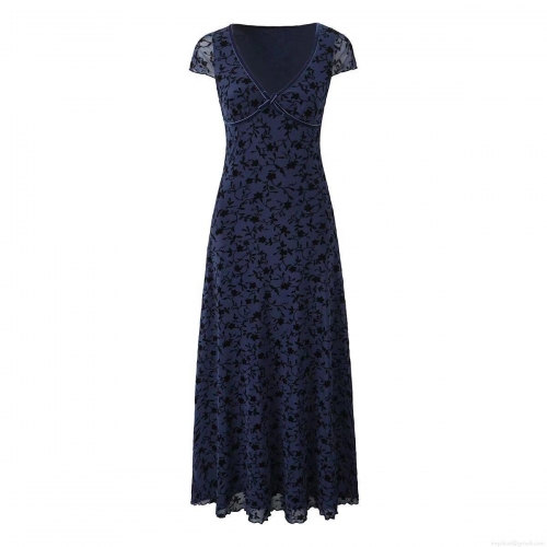 Women's Vintage V-Neck Floral Mesh Flocking A-Line Dress Navy Blue Short Sleeve Midi Long Dress Streetwear Elegant Slim Fit Party Dress