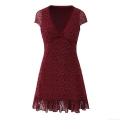 Women's V Neck Short Sleeve Polyester Spandex Lace Mesh Mini Dress With Bow Tie Velvet Trim Ruffle Hem Floral Burnout Party Dress