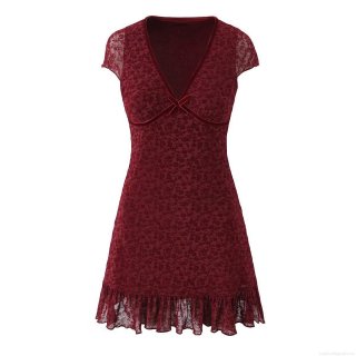 Women's V Neck Short Sleeve Polyester Spandex Lace Mesh Mini Dress With Bow Tie Velvet Trim Ruffle Hem Floral Burnout Party Dress