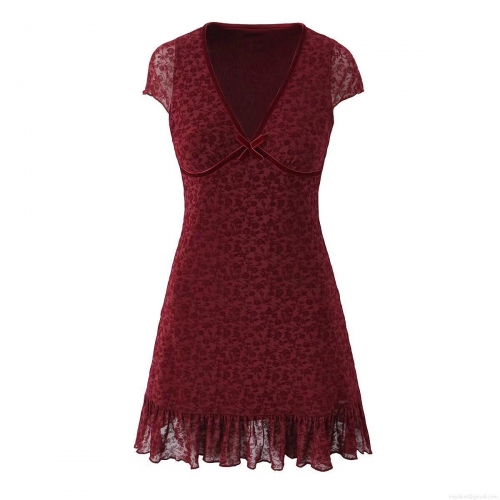 Women's V Neck Short Sleeve Polyester Spandex Lace Mesh Mini Dress With Bow Tie Velvet Trim Ruffle Hem Floral Burnout Party Dress