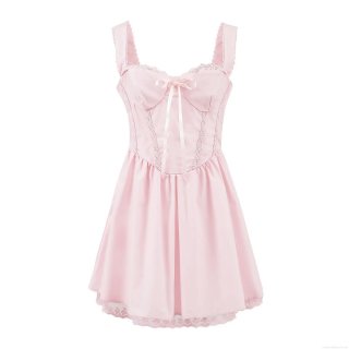 Women's Pink Lace Mini Cami Dress Sweet Lolita Style Bow Square Neck Satin Polyester Short Dress For Party Dating Streetwear