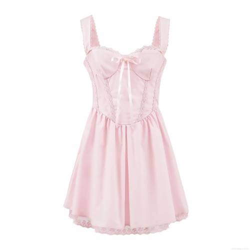 Women's Pink Lace Mini Cami Dress Sweet Lolita Style Bow Square Neck Satin Polyester Short Dress For Party Dating Streetwear