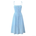 French Light Blue 100% Cotton Eyelet Embroidery Midi Dress Adjustable Bow Straps Button Front Cinched Waist A-Line Vacation Summer Dress For Women