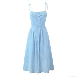 French Light Blue 100% Cotton Eyelet Embroidery Midi Dress Adjustable Bow Straps Button Front Cinched Waist A-Line Vacation Summer Dress For Women