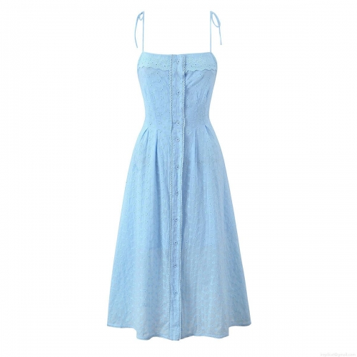 French Light Blue 100% Cotton Eyelet Embroidery Midi Dress Adjustable Bow Straps Button Front Cinched Waist A-Line Vacation Summer Dress For Women