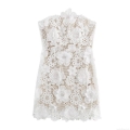 Women's Sexy White Lace 3D Floral Mini Dress Strapless Sleeveless Elegant Bodycon Party Club Short Dress With Lining