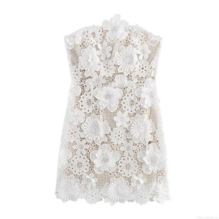 Women's Sexy White Lace 3D Floral Mini Dress Strapless Sleeveless Elegant Bodycon Party Club Short Dress With Lining