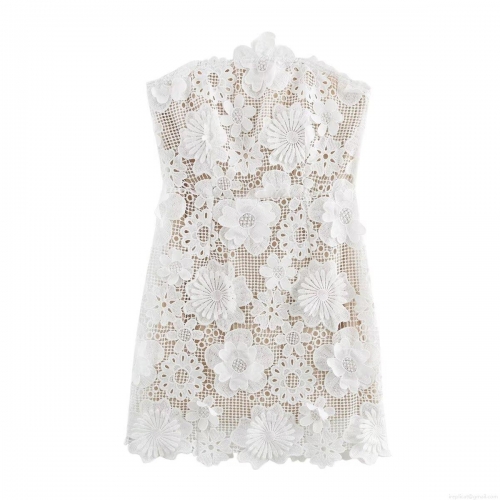 Women's Sexy White Lace 3D Floral Mini Dress Strapless Sleeveless Elegant Bodycon Party Club Short Dress With Lining