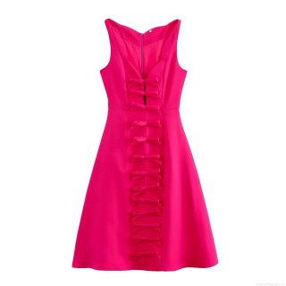 Elegant Rose Red Sleeveless A-Line Long Dress With Bow Knots V-Neck Polyester Streetwear Party Midi Dresses For Women