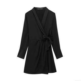 Women's Elegant V-Neck Wrap Short Dress Long Sleeve Tie Waist Bow Decor Solid Black Polyester Mini Dress For Office Casual Party Streetwear