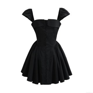 Women's Sexy Black Slim Fit Camisole Dress Vintage Square Neck Button Decor Mini Dress Polyester Spandex Blend Back Zipper Bodycon Party Clubwear Dress