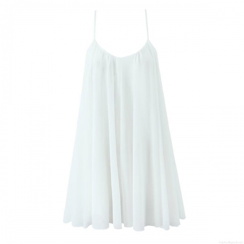 Sexy White Chiffon Mini Dress Women Backless Spaghetti Strap V-Neck Loose Pleated Summer Beach Party A-Line Sleeveless Sun Dress Polyester Style
