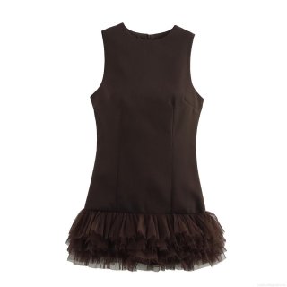 Women's Sleeveless Mesh Patchwork Mini Dress Round Neck A-Line Coffee Brown Short Skirt Summer Streetwear Chic Spliced Tulle Dress For Party Night Out