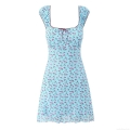 Women's Light Blue Cherry Print Mesh Mini Dress Square Neck Bow Sleeveless Cami Bodycon Dress Summer Sweet Pastoral Style Sundress Streetwear
