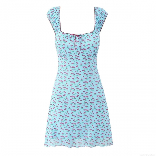 Women's Light Blue Cherry Print Mesh Mini Dress Square Neck Bow Sleeveless Cami Bodycon Dress Summer Sweet Pastoral Style Sundress Streetwear