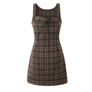 Women's Western Fashion Plaid Print Sleeveless Bodycon Mini Dress Square Neck Lace-up Bow Short Sun Dress Streetwear Spring Summer