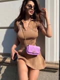 Women Sexy Polo V-Neck Ribbed Knit Mini Dress Short Sleeve Slim Fit A-Line Solid Color Summer Casual Streetwear Bodycon Short Dress