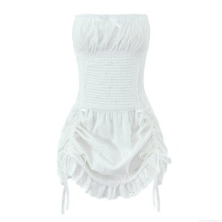 Women's White Eyelet Embroidery Strapless Mini Dress Elegant Lace Trim Tube Dress with Bow French Vintage Style A-Line Short Skirt