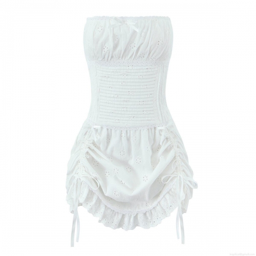 Women's White Eyelet Embroidery Strapless Mini Dress Elegant Lace Trim Tube Dress with Bow French Vintage Style A-Line Short Skirt