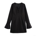 Women Fashion V-Neck Long Sleeve Mini Dress With Metal Ring Decoration Flare Sleeve A-Line Short Dress For Party Streetwear Lady Spring Autumn