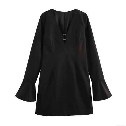 Women Fashion V-Neck Long Sleeve Mini Dress With Metal Ring Decoration Flare Sleeve A-Line Short Dress For Party Streetwear Lady Spring Autumn