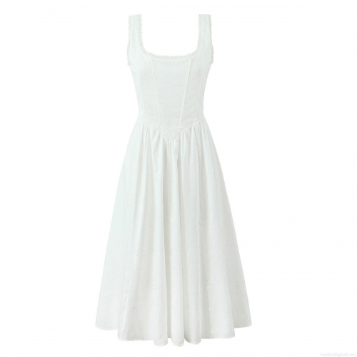 Elegant White Sleeveless Maxi Dress For Women Lace Trim Square Neck Corset Lace-Up Back Polyester Long Sun Dress Party Vacation Dress