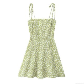 French Vintage Floral Mini Dress Polyester Tie Shoulder Strap Back Smocked A-Line Sundress For Women Spring Summer Daily Vacation Green White Flower Print Pullover Short Dress