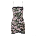 Women's Sexy Floral Print Cami Dress Lace Trim Ruched Irregular Hem Slim Fit Mini Dress Rose Print Polyester Sleeveless Backless Summer Party Streetwear Outfits