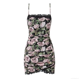 Women's Sexy Floral Print Cami Dress Lace Trim Ruched Irregular Hem Slim Fit Mini Dress Rose Print Polyester Sleeveless Backless Summer Party Streetwear Outfits
