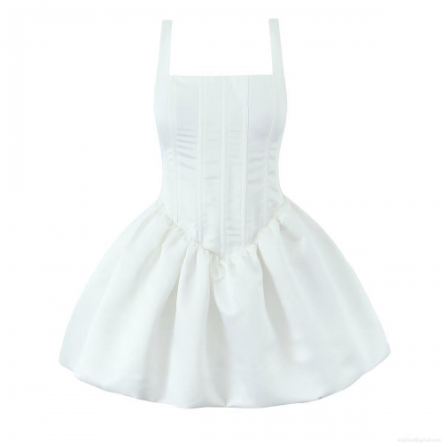 Elegant White Satin Corset Mini Dress With Fishbone Sexy Backless Puffy A-line Skirt For Wedding Party Formal Event Women Fashion Clothing
