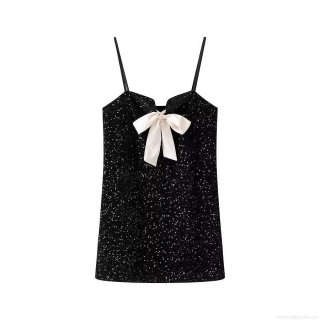 Women's Fashion Sequin Cami Mini Dress With Satin Bow Sparkling Sleeveless Camisole Bodycon Dress For Party Nightclub Cocktail Evening Ladies Streetwear