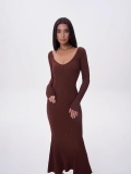 Women's Double V-Neck Fishtail Knitted Maxi Dress Elegant Long Sleeve Ribbed Slim Fit Bodycon Sweater Dress For Party Evening Club Streetwear Solid Color