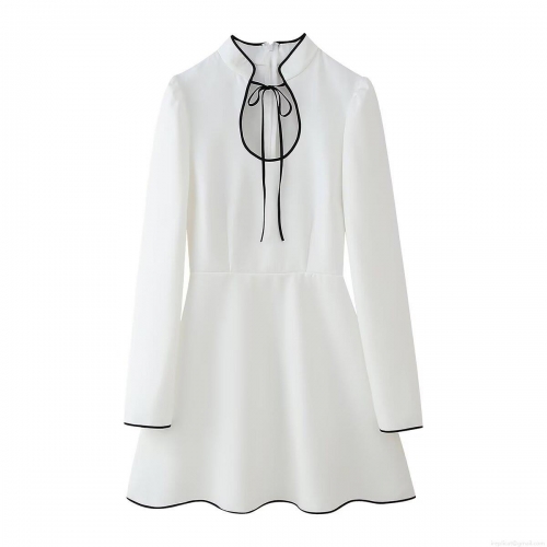 Women's Contrast Piping Stand Collar Mini Dress With Cutout Tie Long Sleeve Polyester A-Line Elegant Street Style Party Short Dress For Ladies