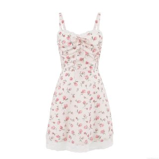 Women's Lace Patchwork Pink Rose Floral Cami Dress Polyester Sweet Summer Vacation Sleeveless Backless Mini Sundress For Women