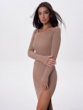 Women's Ribbed Knit Maxi Dress Long Sleeve With Thumb Holes Slim Fit Round Neck Side Split Bodycon Dress For Streetwear Party Autumn Spring