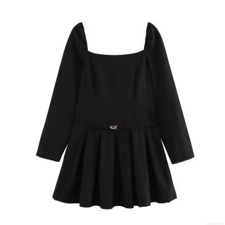 Women's Sexy Square Neck Long Sleeve Mini Dress Solid Color High Waist A-Line Pleated Dress With Belt Streetwear Spring Autumn