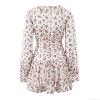 Women Floral V-Neck Ruffle Mini Dress Long Sleeve Elastic Waist Chiffon Dress For Party Date Spring Summer Sweet Pastoral Style Women Clothing