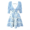 Women Blue Floral Print Lace Patchwork Mini Dress Elegant V-Neck Puff Three Quarter Sleeve A-Line Short Dress Summer Casual Vacation Female Clothing