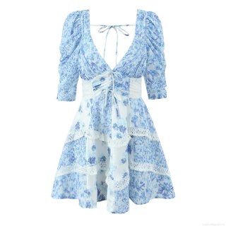Women Blue Floral Print Lace Patchwork Mini Dress Elegant V-Neck Puff Three Quarter Sleeve A-Line Short Dress Summer Casual Vacation Female Clothing