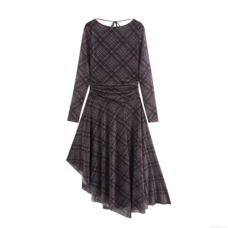 Women Plaid Mesh Patchwork Long Sleeve Dress Sexy Backless Tie Back Asymmetric Hem Mini Dress For Party Streetwear Casual