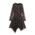 Women's Plaid Mesh Long Sleeve Midi Dress Ruffled Waist Asymmetric Hem Sexy Bodycon Streetwear Party Club Wear Cocktail Dress