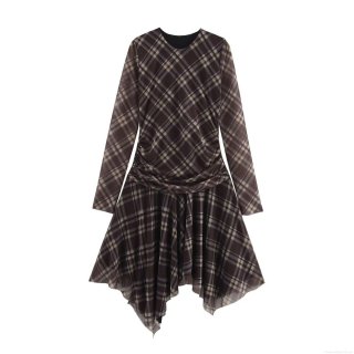 Women's Plaid Mesh Long Sleeve Midi Dress Ruffled Waist Asymmetric Hem Sexy Bodycon Streetwear Party Club Wear Cocktail Dress